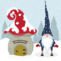 Image showing Cute Christmas gnome and her mushroom house. Flat design.