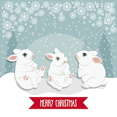 Image showing Christmas card with  rabbits. Christmas background. Flat design.