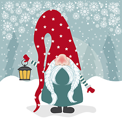 Image showing Christmas card with  gome and his lantern. Flat design. Vector