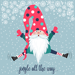 Image showing Cute gnome jump. Christmas card. Flat design. 
