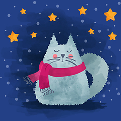 Image showing Cute watercolor cat in winter. Christmas card. Vector