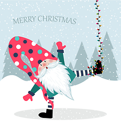 Image showing Beautiful flat design Christmas card funny gnome hanging. Christ