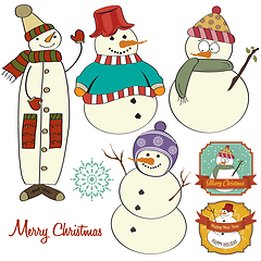 Image showing Cute hand draw snowmen collection isolated on white background.