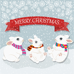 Image showing Christmas card with cute rabbits. Christmas background. Flat des