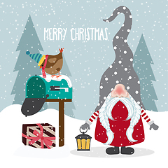Image showing Beautiful flat design Christmas card with joyful gnome. Christma