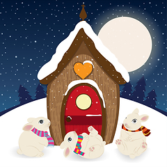 Image showing Cute Christmas scene with gnome house and happy bunnies