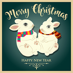 Image showing Vintage  Christmas card with rabbits and message. Christmas post