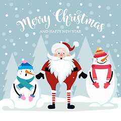 Image showing Christmas card with cute Santa and snowmen. Flat design. Vector