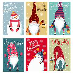 Image showing Christmas card collection with snowman and gnomes. Labels. Stick