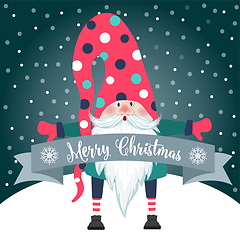 Image showing Christmas card with cute gnome and wishes. Flat design. Vector