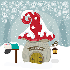 Image showing Christmas card with cute gnome house.. Christmas poster. Flat de