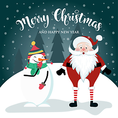 Image showing Christmas card with cute Santal, snowman and wishes. Flat design