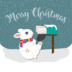 Image showing Christmas card with rabbit, Christmas background. Flat design.