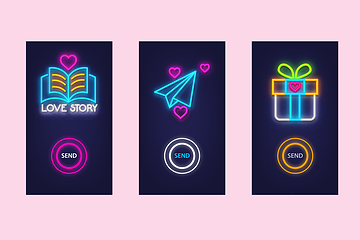 Image showing Love mobile app set with neon glow icons. Virtual love. UI desig