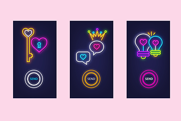 Image showing Love mobile app set with neon glow icons. Virtual love. UI desig