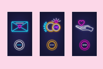 Image showing Love mobile app set with neon glow icons. Virtual love. UI desig