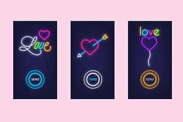 Image showing Love mobile app set with neon glow icons. Virtual love. UI desig