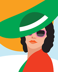 Image showing Fashion woman with hat . Art portrait.  Flat design.