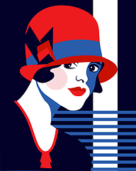 Image showing Fashion woman with hat. Portrait art deco style. Flat design.