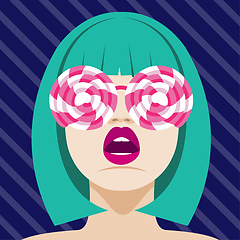 Image showing Fashion woman with lollipops sunglasses . Art portrait.  Flat de