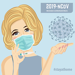 Image showing Young woman with medical mask and fever. Coronavirus disease, Co