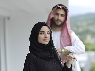 Image showing Portrait of young muslim couple on balcony