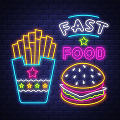 Image showing Fast Food - Neon Sign Vector. Fast Food - neon sign on brick wal