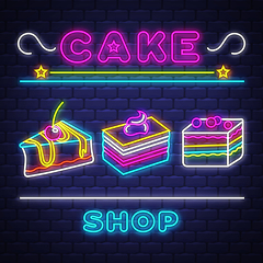 Image showing Cake Shop - Neon Sign Vector. Cake Shop - neon sign on brick wal