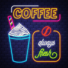 Image showing Coffee- Neon Sign Vector. Coffee- neon sign on brick wall backgr