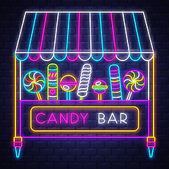 Image showing Candy bar - Neon Sign Vector. Candy bar - neon sign on brick wal