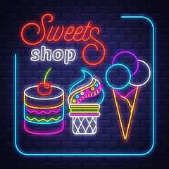 Image showing Sweets Shop- Neon Sign Vector. Sweets Shop - neon sign on brick 