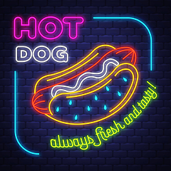 Image showing Hot Dog - Neon Sign Vector. Hot Dog - neon sign on brick wall ba