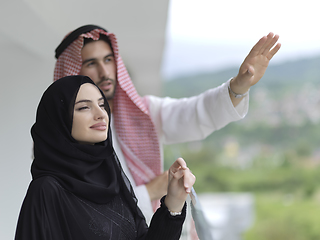 Image showing Portrait of young muslim couple on balcony
