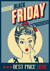 Image showing Black friday banner with pin-up girl. Retro style.