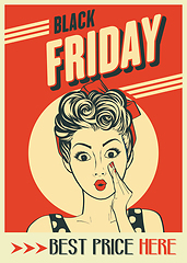 Image showing Black friday banner with pin-up girl. Retro style.