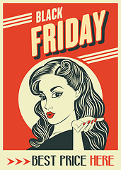 Image showing Black friday banner with pin-up girl. Retro style.