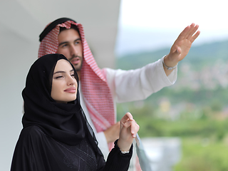 Image showing Portrait of young muslim couple on balcony