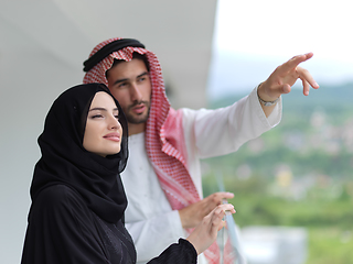 Image showing Portrait of young muslim couple on balcony