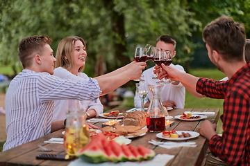 Image showing friends toasting red wine glass while having picnic french dinner party outdoor