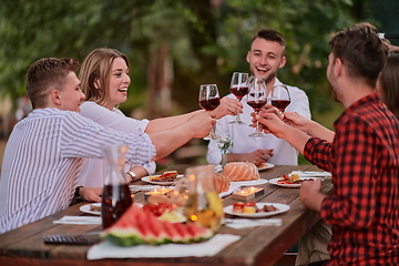 Image showing friends toasting red wine glass while having picnic french dinner party outdoor