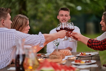 Image showing friends toasting red wine glass while having picnic french dinner party outdoor