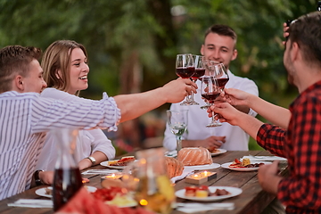 Image showing friends toasting red wine glass while having picnic french dinner party outdoor