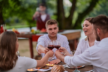 Image showing friends toasting red wine glass while having picnic french dinner party outdoor