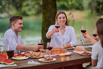 Image showing riends toasting red wine glass while having picnic french dinner party