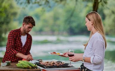 Image showing friends having picnic french dinner party outdoor during summer holiday