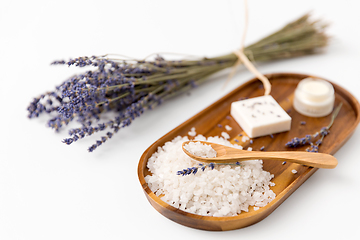 Image showing sea salt with spoon and lavender on wooden tray