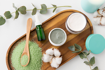 Image showing bath salt, serum, moisturizer and oil on tray