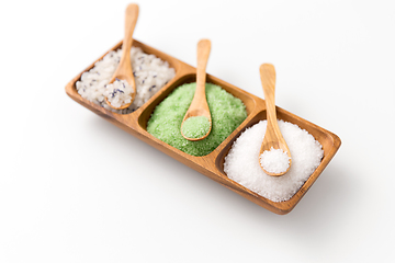 Image showing sea salt and spoons on wooden tray