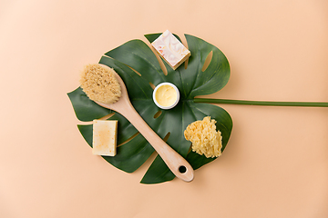 Image showing natural soap, brush, sponge and body butter