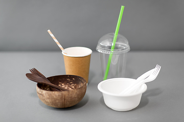 Image showing close up of eco friendly and plastic tableware